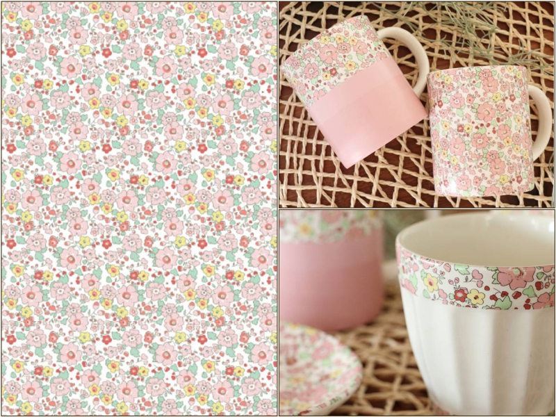 【白磁用】Floral Pattern Pink Orange フローラルパターンサーモンピンク転写紙 A3サイズ（ポーセラーツ ポーセリンアート 花柄 転写紙)