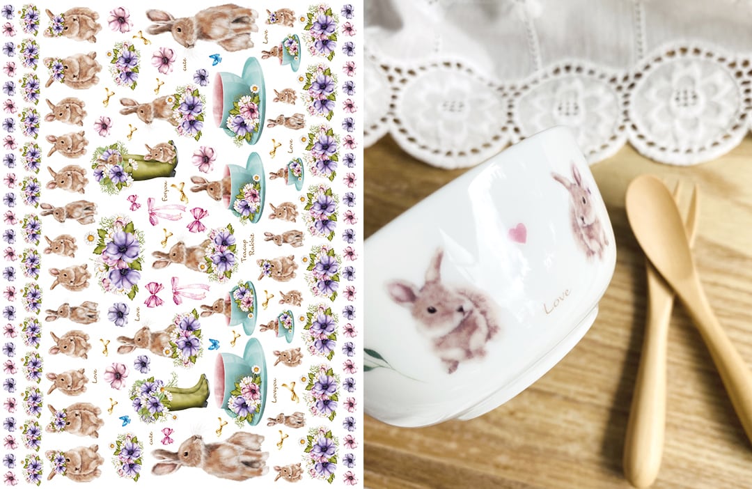 【白磁用】TeacupRabbit 　ティーカップラビット転写紙 うさぎ転写紙 　（ポーセラーツ ポーセリンアート 花柄 転写紙)