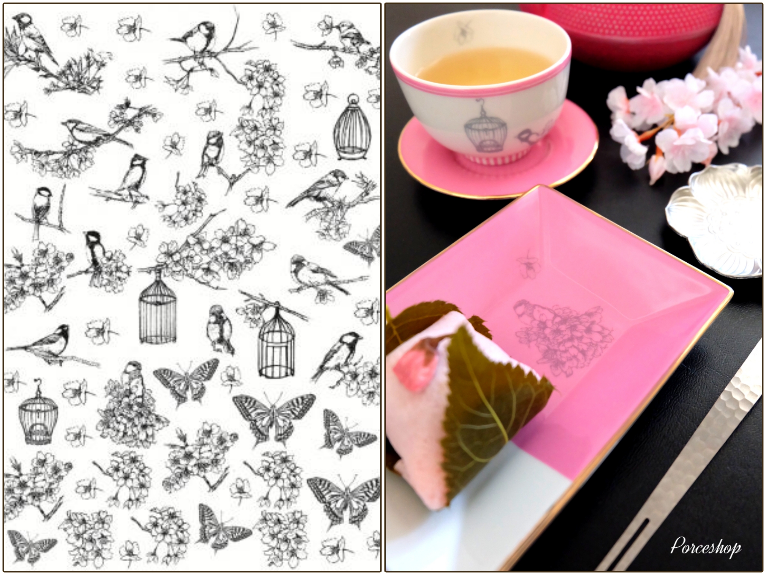 SALE☆50％オフ！完売次第終了！【白磁用】小鳥と桜とバタフライ転写紙　グレー （ポーセラーツ ポーセリンアート  和柄   花柄  転写紙)