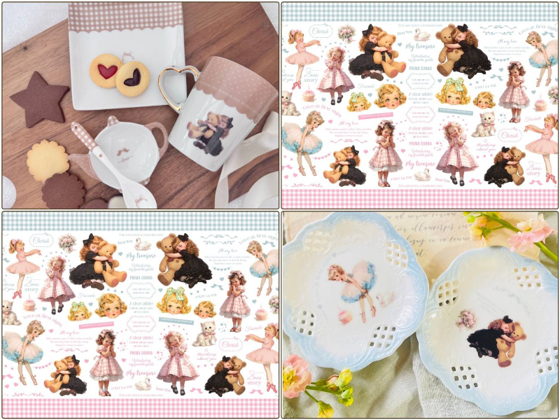 【白磁用】little ballerina リトルバレリーナ転写紙　（ポーセラーツ ポーセリンアート 転写紙  バレエ リボン ギンガムチェック 花 猫)