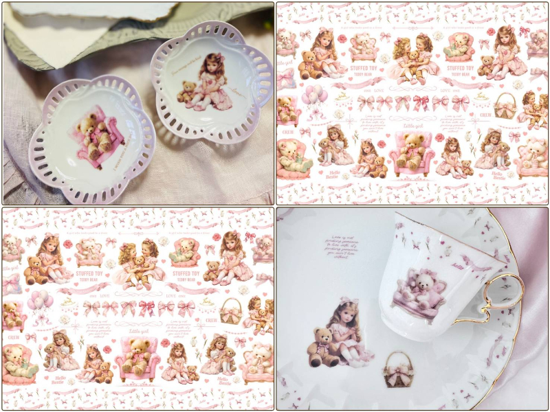 【白磁用】sweet bear スイートベア 転写紙　（ポーセラーツ ポーセリンアート 転写紙  リボン クマ 花)