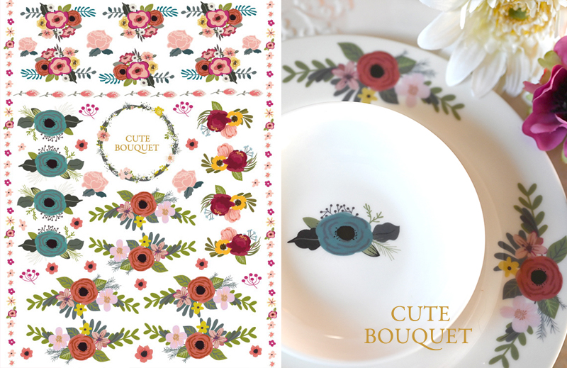 【白磁用】CuteBouquet　キュートブーケ転写紙　 （花束転写紙 花柄 ポーセラーツ 転写紙 ポーセリアート )
