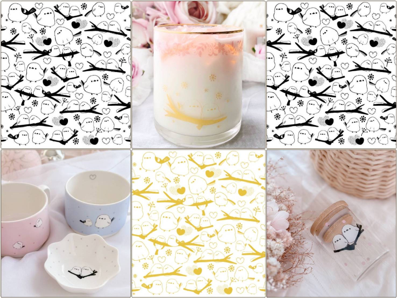 【セット割】Lovelyもふもふシマエナガ転写紙　※白磁＆ガラス用（2色）セット20％オフ（ポーセラーツ ポーセリンアート 転写紙 鳥 ハート )