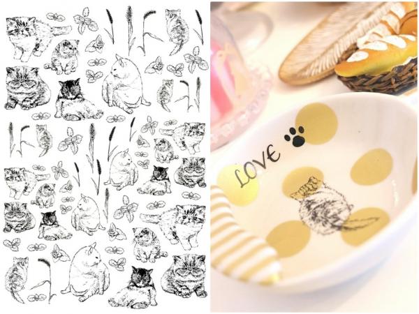 【白磁用】猫ちゃん転写紙　ブラック （ポーセラーツ ポーセリンアート 花柄  ねこ ネコ 転写紙)