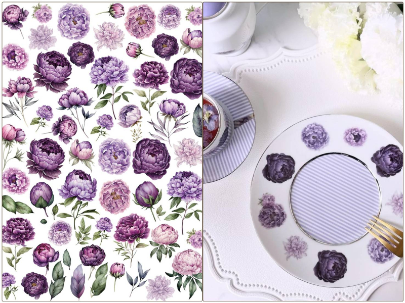 【白磁用】パープルピオニー転写紙　芍薬　シャクヤク （ポーセラーツ ポーセリンアート 花柄 転写紙)