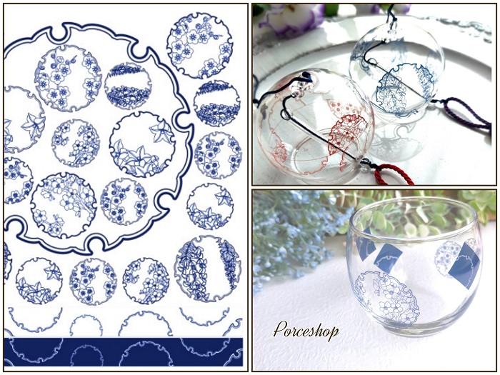 【ガラス用】花雪輪転写紙　紺　和柄転写紙 （ポーセラーツ ポーセリンアート  和柄  花柄  転写紙)