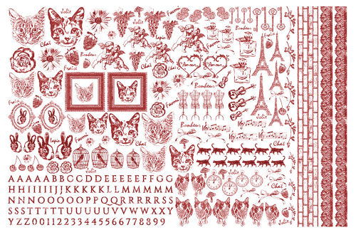 【白磁用】アンティークスタンプ転写紙 マロン　（ポーセラーツ ポーセリンアート 花柄 ネコ 猫 ウサギ うさぎ 転写紙)