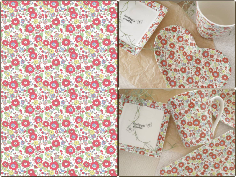 【白磁用】Floral Pattern Cherry Red フローラルパターンチェリーレッド転写紙 A3サイズ（ポーセラーツ ポーセリンアート 花柄 転写紙)