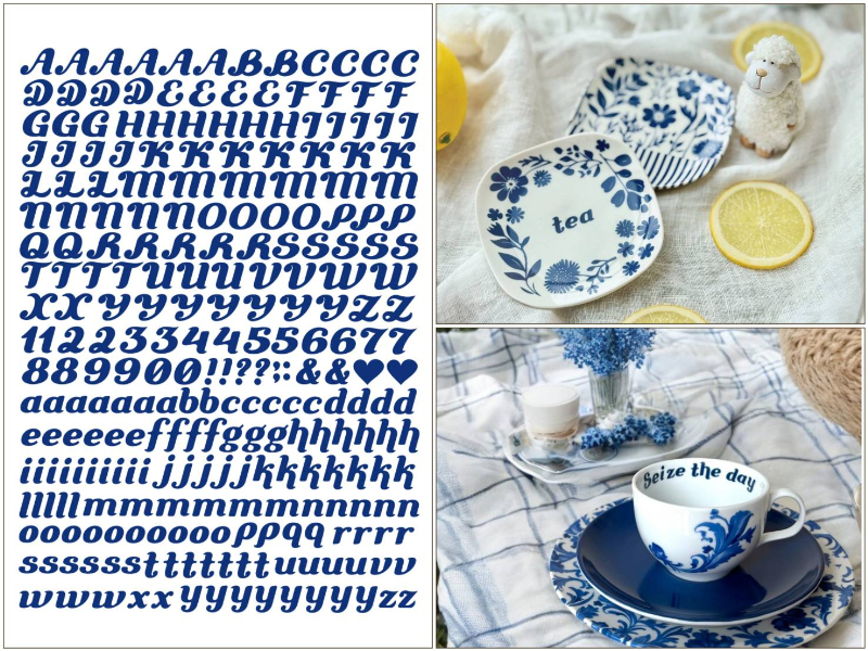 19日まで特別SALE♪【白磁用】mini イニシャル転写紙　ブルー　アルファベット　英文字　数字　A5サイズ （ポーセラーツ 転写紙 ポーセリアート マヨリカブルー)