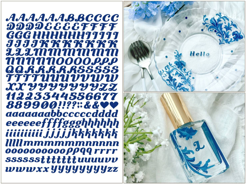 19日まで特別SALE♪【ガラス用】mini イニシャル転写紙　ブルー　アルファベット　英文字　数字　A5サイズ （ポーセラーツ 転写紙 ポーセリアート マヨリカブルー )