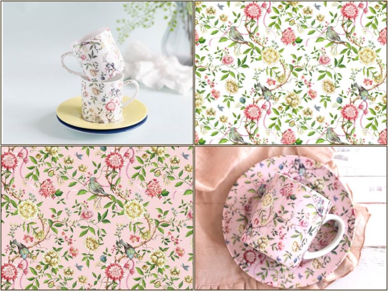 【白磁用・セット割】The Garden　A3サイズ　※ピンク＆クリアお得なセット10％オフ （ポーセラーツ ポーセリンアート 花柄 鳥 シノワズリ 転写紙)