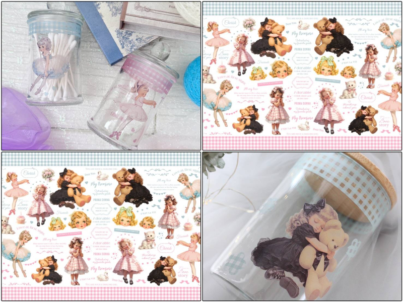 【ガラス用】little ballerina リトルバレリーナ転写紙　（ポーセラーツ ポーセリンアート 転写紙  バレエ リボン ギンガムチェック 花 猫)