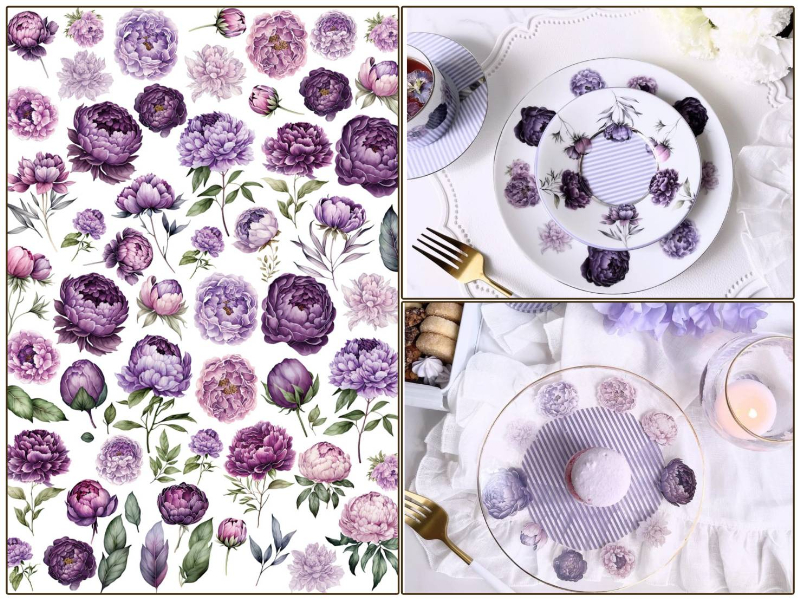 【セット割】パープルピオニー転写紙　芍薬　シャクヤク　※白磁＆ガラス用お得なセット20％オフ （ポーセラーツ ポーセリンアート 花柄 転写紙)