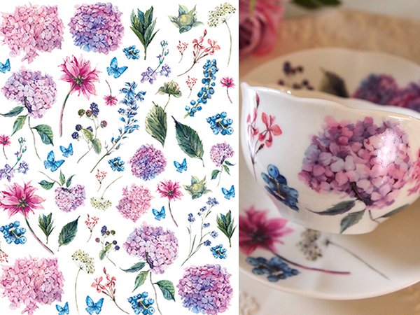 【白磁用】水彩　紫陽花あじさい　アジサイ　（蝶・ちょうちょ ポーセラーツ ポーセリンアート 花柄 転写紙)
