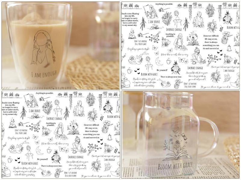 【ガラス用】Line Art Girl＆Botanicalラインアートガール＆ボタニカル転写紙 韓国風　A3サイズ　（ポーセラーツ ポーセリンアート 花柄 転写紙)
