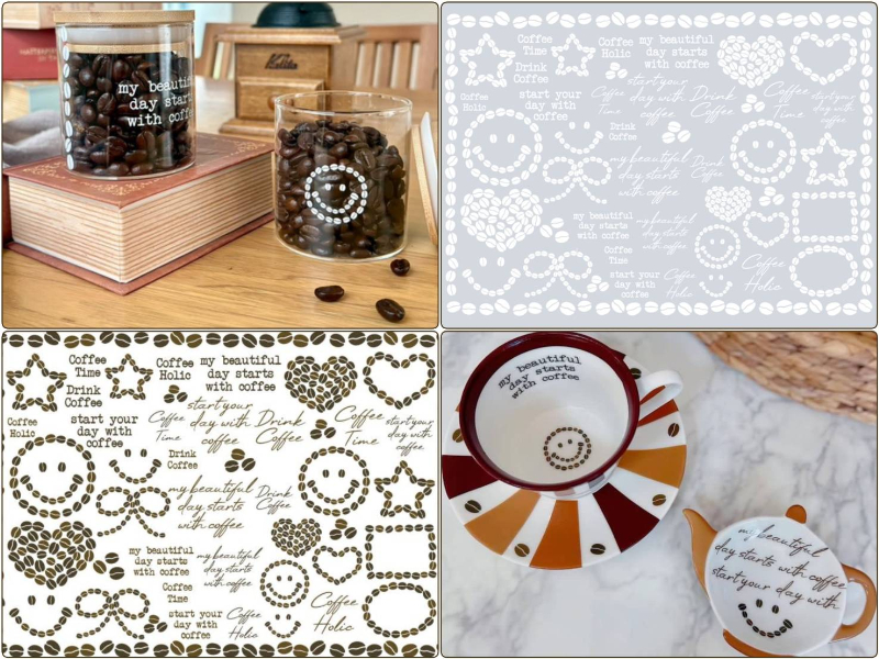 【セット割】Coffee Holic　コーヒーホリックver2　※白磁＆ガラス用お得なセット10％オフ　ニコちゃん　珈琲 （ポーセラーツ 転写紙 ポーセリンアート )