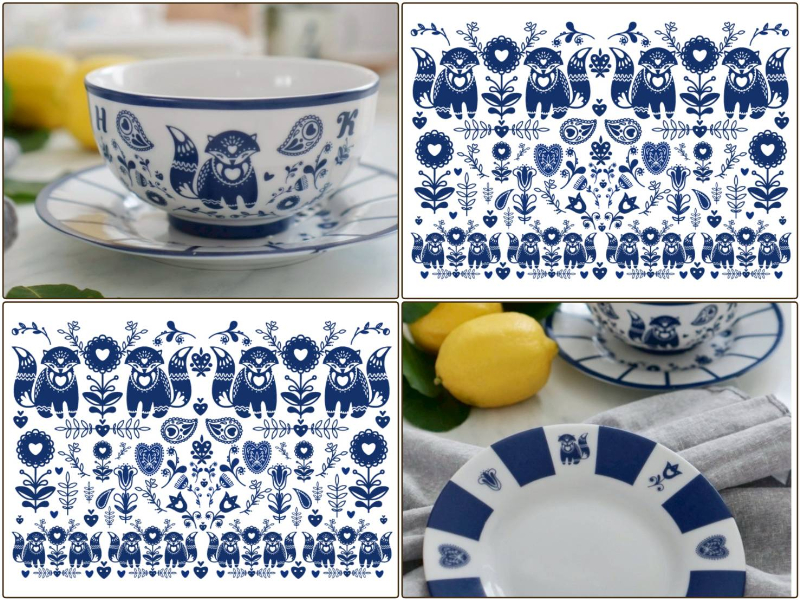 【白磁用】北欧風 フォークロア・フォックス転写紙（ポーセラーツ 転写紙 ポーセリアート 狐 キツネ 花柄 スカンジナビア ハート)