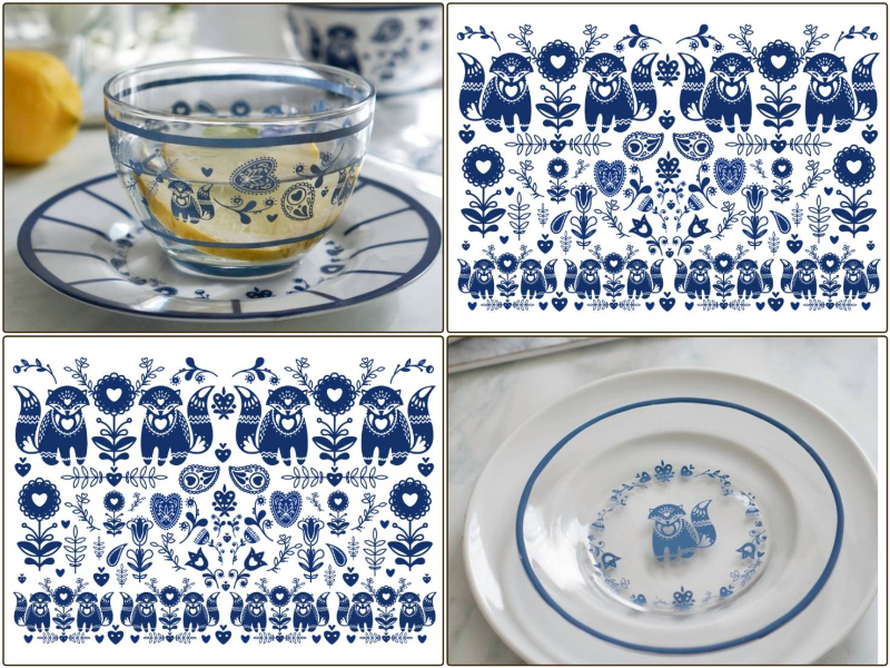 【ガラス用】北欧風 フォークロア・フォックス転写紙（ポーセラーツ 転写紙 ポーセリアート 狐 キツネ 花柄 スカンジナビア ハート)