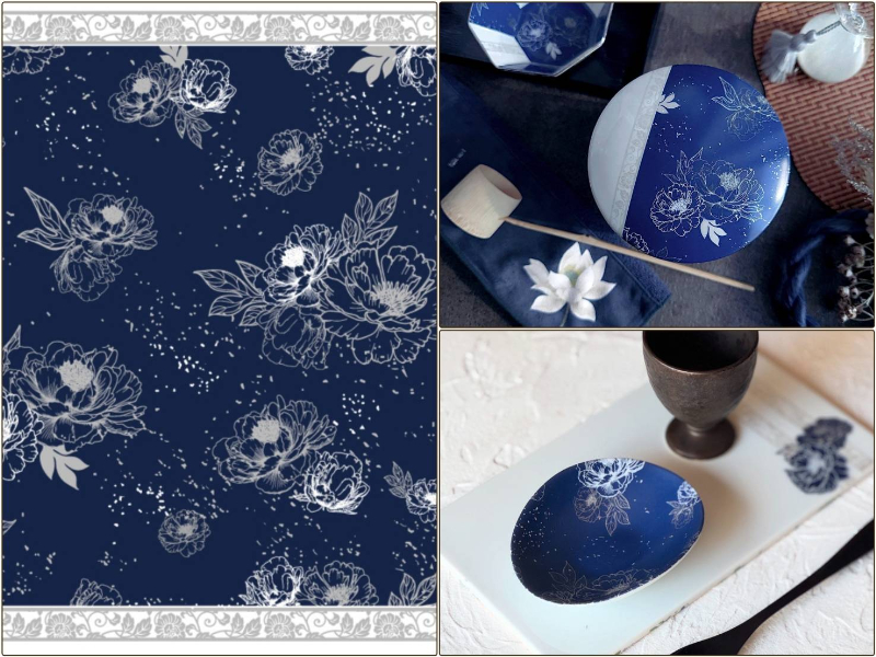 【白磁用】芍薬の宵・瑠璃紺  転写紙 （ポーセラーツ ポーセリンアート  和柄  花柄 転写紙 シャクヤク ピオニー)