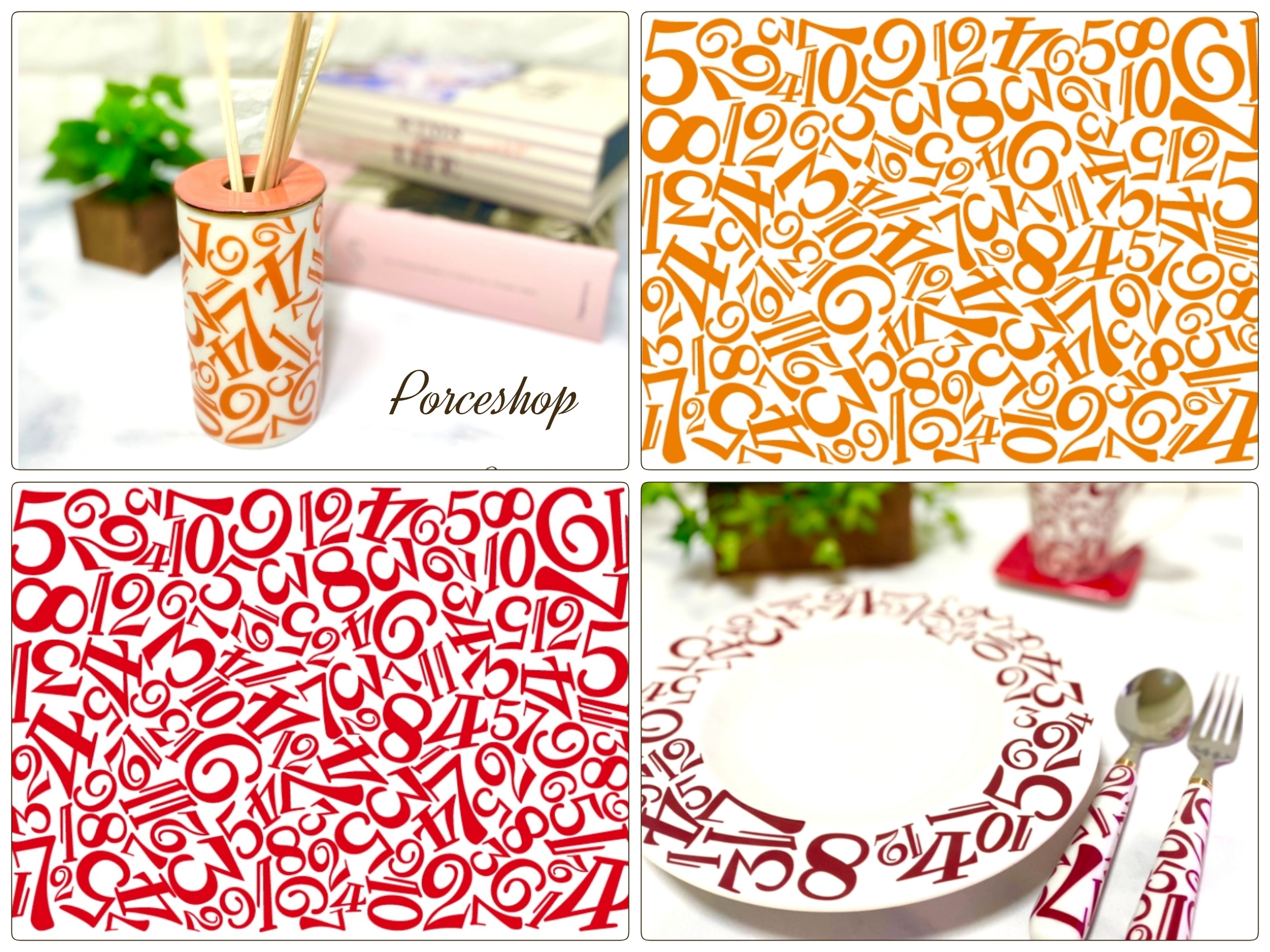 【白磁用 セット割】numeral 数字転写紙　RED＆ORANGE 　※2０％OFF ( ポーセラーツ 転写紙 ポーセリンアート ナンバー)