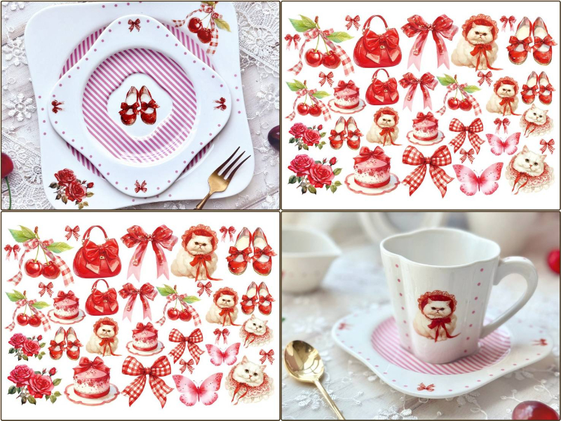 【白磁用】おめかし猫さんとガーリーレトロ転写紙 （ポーセラーツ 転写紙 ポーセリアート CAT りぼん さくらんぼ チェリー)