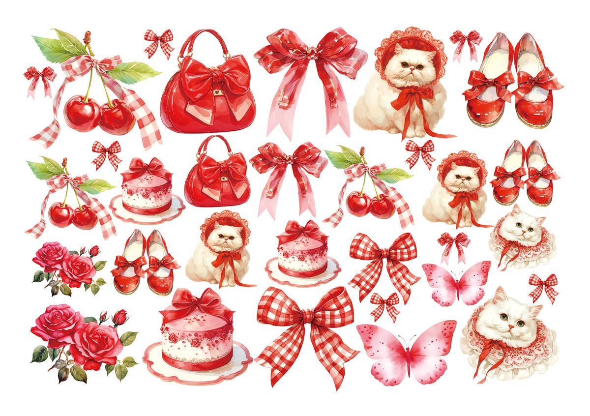 【セット割】おめかし猫さんとガーリーレトロ転写紙 ※白磁＆ガラス用お得なセット20％オフ （ポーセラーツ 転写紙 ポーセリアート CAT りぼん さくらんぼ チェリー)