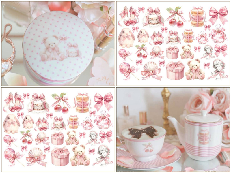 【白磁用】ラブリーガーリーリボン転写紙 （ポーセラーツ 転写紙 ポーセリアート リボン クマ ウサギ ケーキ マカロン 香水瓶 貝殻)