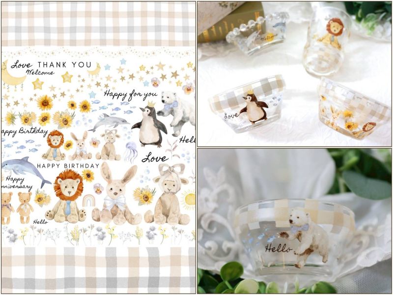 【ガラス用】cuddly friends　カドリ―・フレンズ 転写紙　（ポーセラーツ ポーセリンアート 転写紙  ウサギ クマ ライオン ペンギン シロクマ ギンガムチェック)