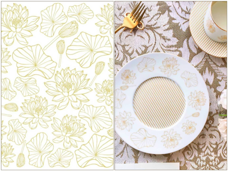 【白磁用】ロータスフラワー転写紙 ゴールド A4サイズ（ポーセリンアート用転写紙　ポーセラーツ ポーセリンアート 花柄 転写紙 蓮 睡蓮)