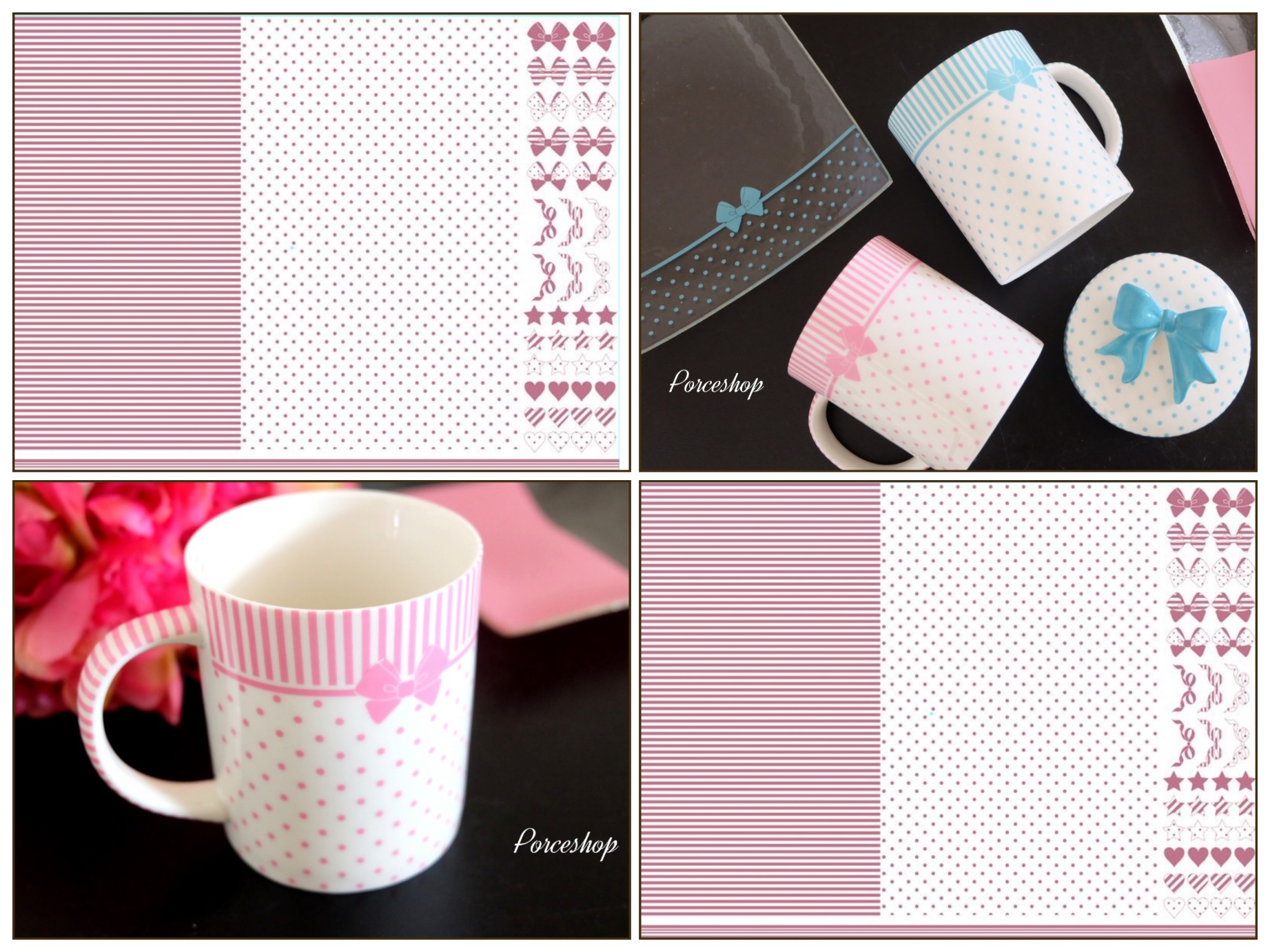 【白磁用】ピンクルージュドット×ストライプ&CUTEな飾りつき転写紙 A3サイズ ( ポーセラーツ 転写紙 ポーセリンアート)
