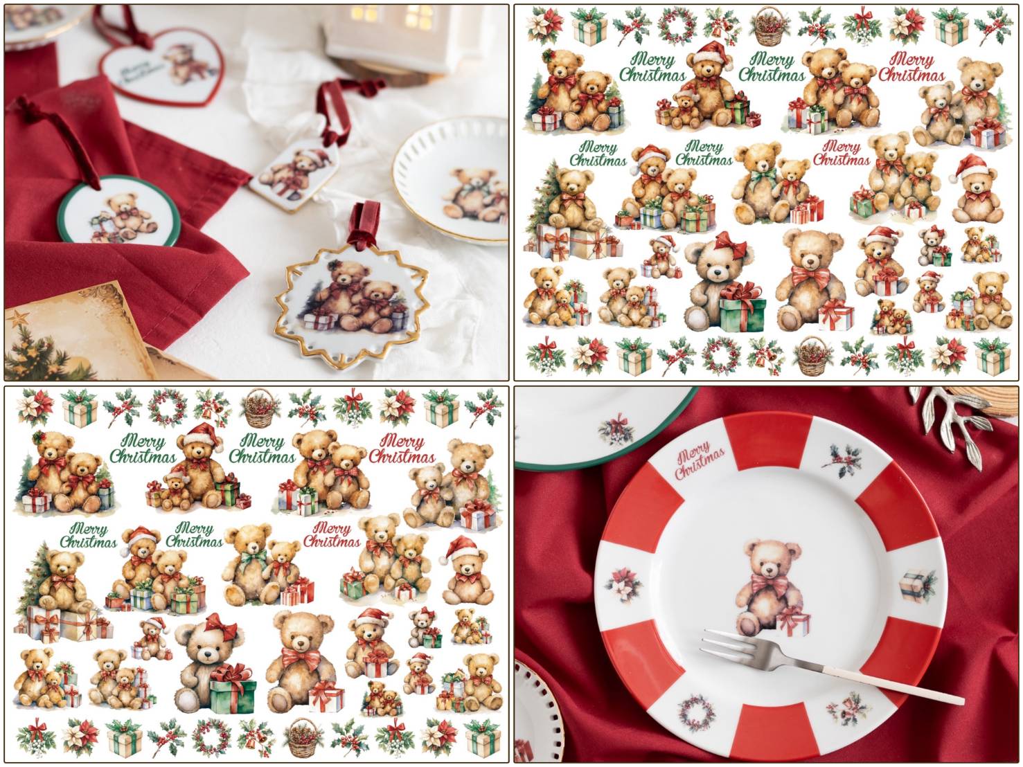 【白磁用】Little Bear Holiday クリスマス転写紙（ポーセラーツ 転写紙 ポーセリアート リボン クリスマス Christmas クマ)