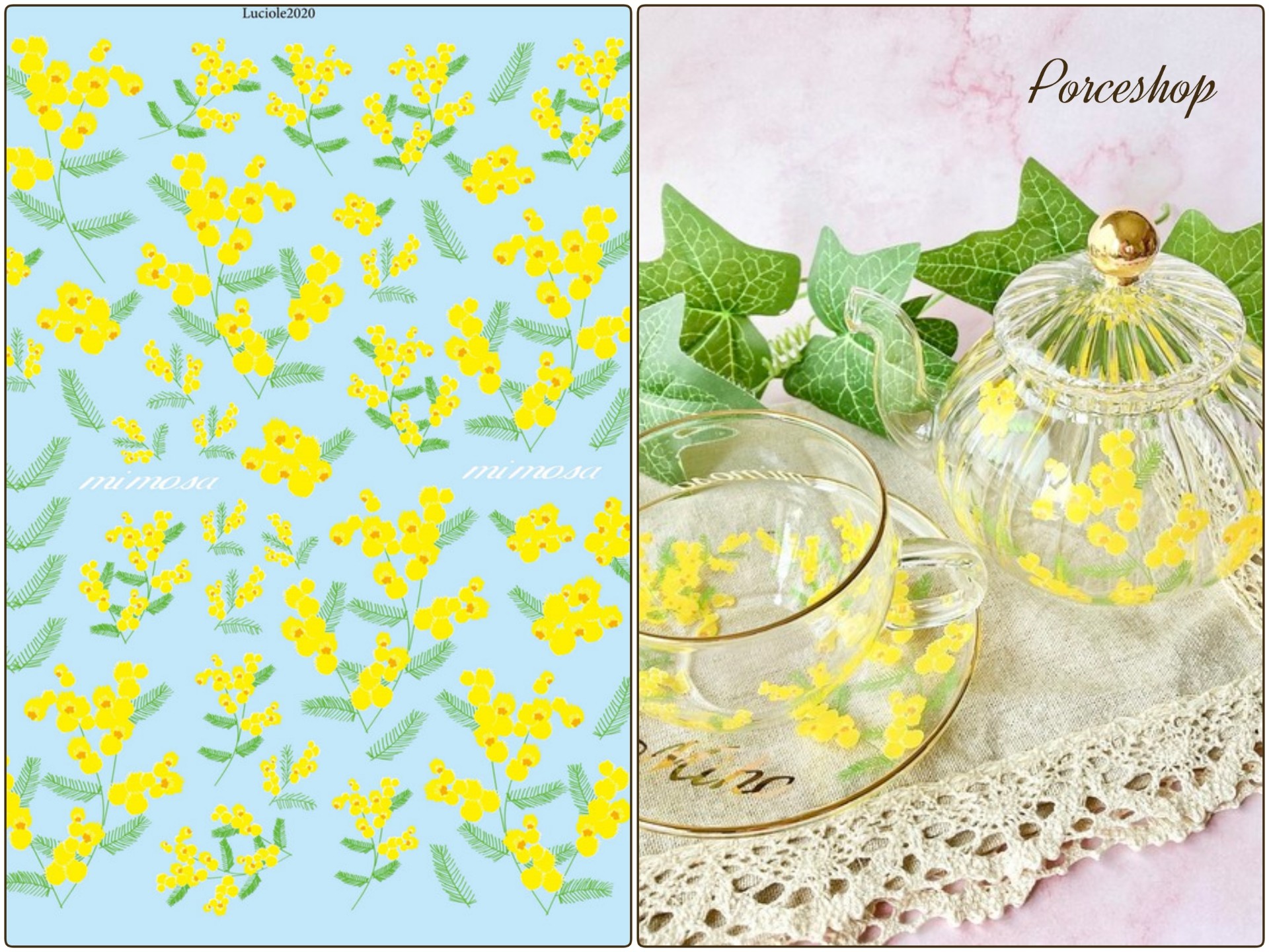 【ガラス用 】yellow flower-mimosa- 転写紙　イエローフラワーミモザ転写紙 （ポーセラーツ ポーセリンアート 花柄 転写紙)