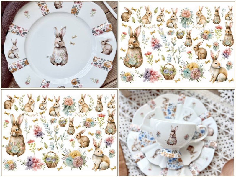 【白磁用】フローラルバニー転写紙 （ポーセラーツ 転写紙 ポーセリアート 花 フラワー ウサギ うさぎ 水彩 フラワー ラビット)