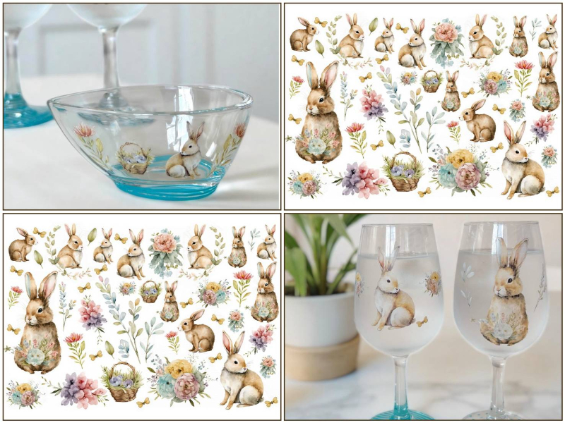 【ガラス用】フローラルバニー転写紙 （ポーセラーツ 転写紙 ポーセリアート 花 フラワー ウサギ うさぎ 水彩 フラワー ラビット)