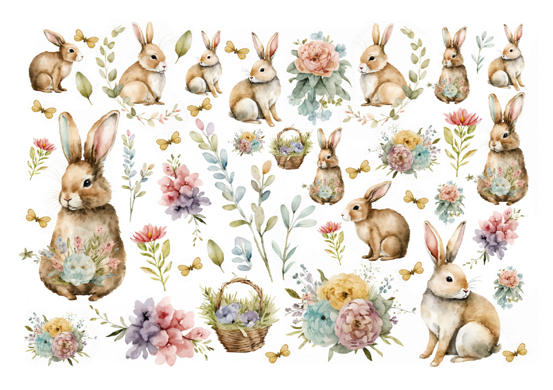【セット割】フローラルバニー転写紙　※白磁＆ガラス用お得なセット20％オフ♪ （ポーセラーツ 転写紙 ポーセリアート 花 フラワー ウサギ うさぎ 水彩 フラワー ラビット)