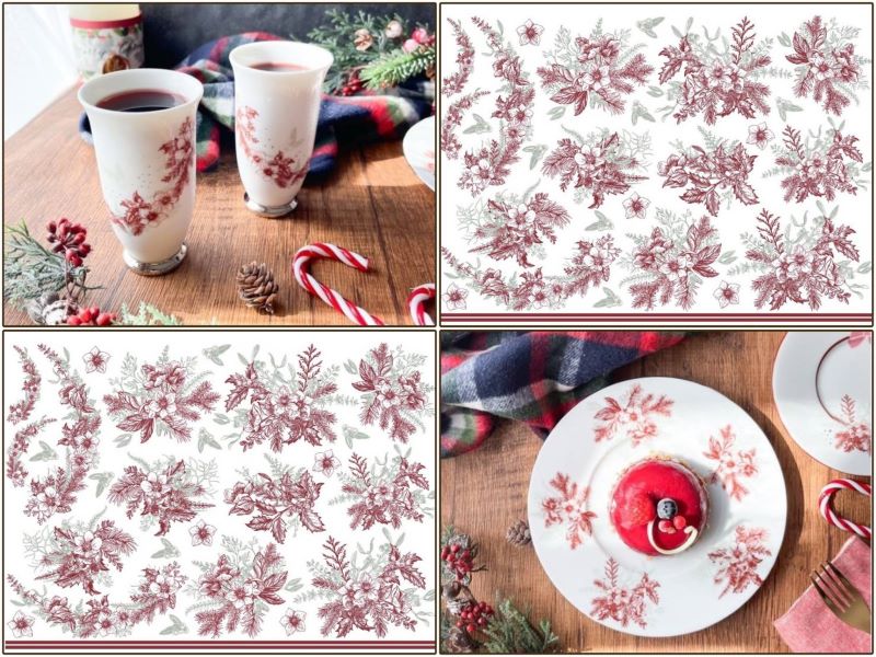 【白磁用】冬のブーケ転写紙　レッド　ヒイラギ　クリスマスローズ （ポーセラーツ ポーセリンアート クリスマス 花柄 転写紙)
