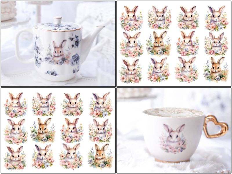 【白磁用】ブロッサムバニー転写紙 （ポーセラーツ 転写紙 ポーセリアート 花 フラワー ウサギ 水彩 うさぎ ラビット)