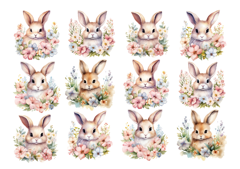 【セット割】ブロッサムバニー転写紙 ※白磁＆ガラス用お得なセット20％オフ♪（ポーセラーツ 転写紙 ポーセリアート 花 フラワー ウサギ 水彩 うさぎ ラビット)
