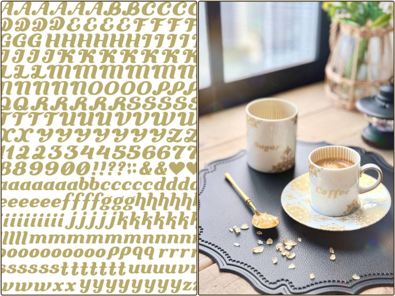 【白磁用】mini イニシャル転写紙　ゴールド　雲母金　メタリックゴールド　アルファベット　英文字　数字　A5サイズ （ポーセラーツ 転写紙 ポーセリアート )
