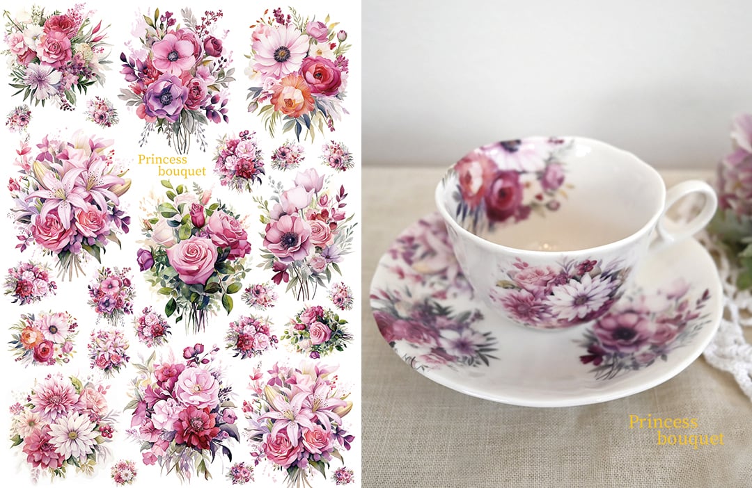 【白磁用】水彩 　姫ブーケ転写紙　A4サイズ　ローズ　バラ　薔薇　（ポーセラーツ ポーセリンアート 花柄 転写紙)