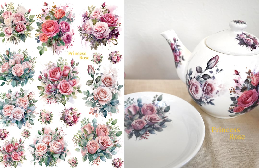 【白磁用】水彩 　姫ローズ転写紙　A4サイズ　バラ　薔薇　（ポーセラーツ ポーセリンアート 花柄  転写紙 ポーセリンアート用転写紙)