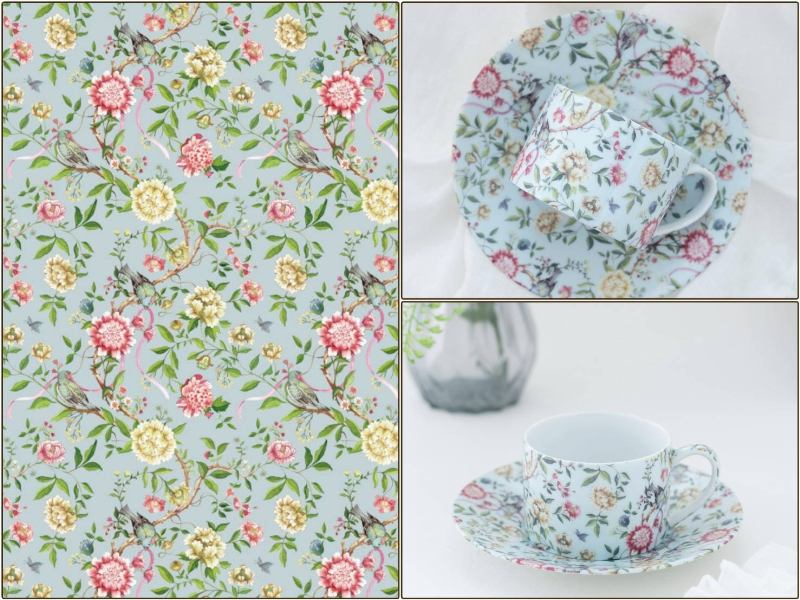 【白磁用】The Garden　ブルー　A3サイズ　（ポーセラーツ ポーセリンアート 花柄 鳥 シノワズリ 転写紙)