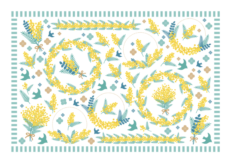 【セット割】北欧風フルールミモザ転写紙　※白磁＆ガラス用お得なセット20％オフ♪（ポーセラーツ 転写紙 ポーセリアート 花 フラワー 鳥 mimosa)