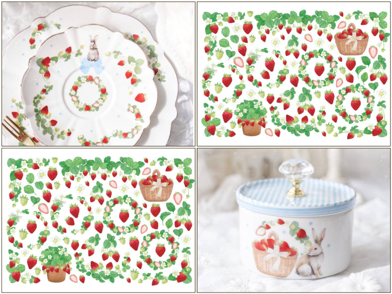 【白磁用】北欧風ストロベリーガーデン転写紙（ポーセラーツ 転写紙 ポーセリンアート ポーセリアート いちご 苺  イチゴ フルーツ)