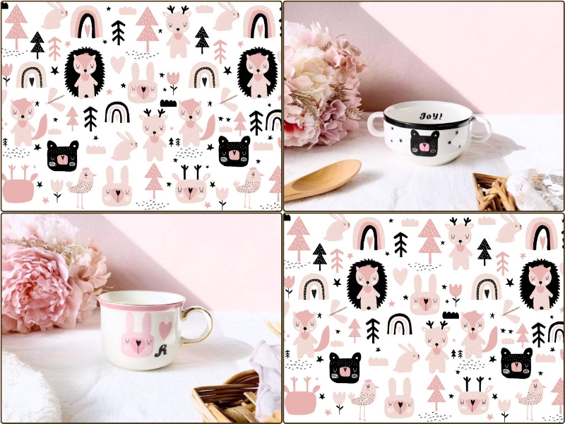 【白磁用】北欧風 ほっこりかわいい森の動物たち転写紙　ピンク　（ポーセラーツ ポーセリンアート 花柄 北欧 転写紙 子供 くま うさぎ クリスマス)