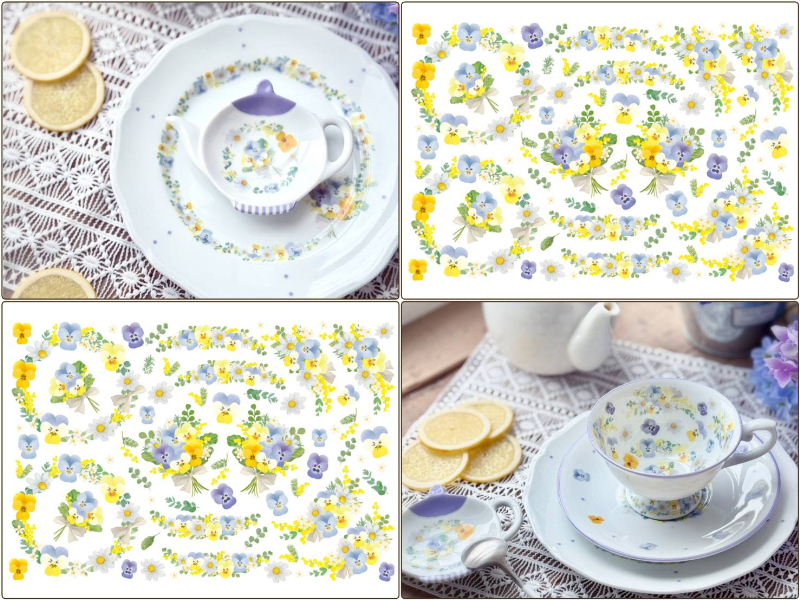 【白磁用】北欧風フローラルパンジーリース転写紙（ポーセラーツ 転写紙 ポーセリアート 花 フラワー)