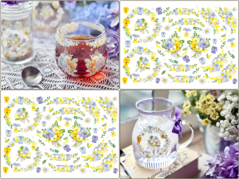 【ガラス用】北欧風フローラルパンジーリース転写紙（ポーセラーツ 転写紙 ポーセリアート 花 フラワー)