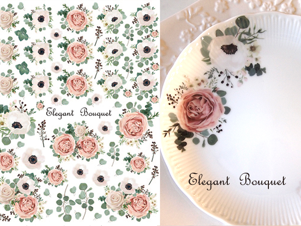 【白磁用】水彩エレガントブーケ転写紙　elegant bouquet （ポーセラーツ ポーセリンアート  花柄 転写紙)