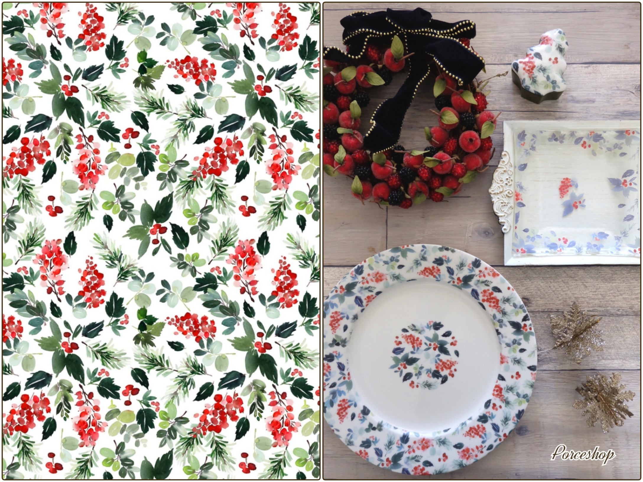 【セット割】クリスマス転写紙　ベリー＆リーフ　ガラス用＆白磁用　※20％OFF　（ポーセラーツ 転写紙 ポーセリアート )
