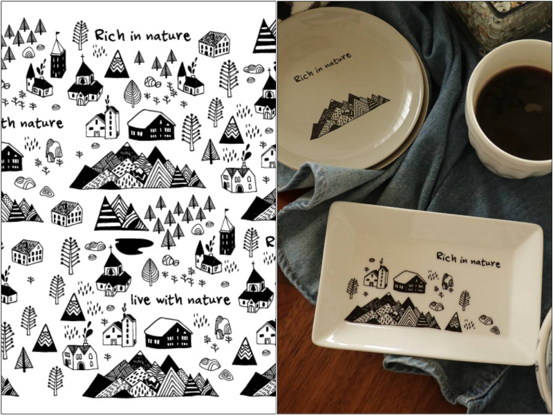 【白磁用】Nature 山のおしゃれな景色転写紙 珍しいぷっくり加工♪ 人気北欧柄 （ポーセラーツ ポーセリンアート 北欧 転写紙)